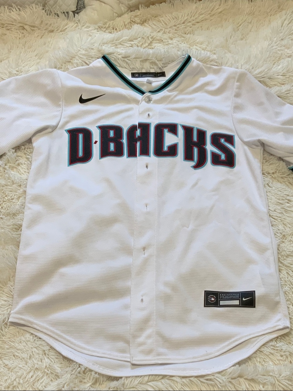Nike White D-Backs Youth Baseball Jersey with Teal & Black Trim